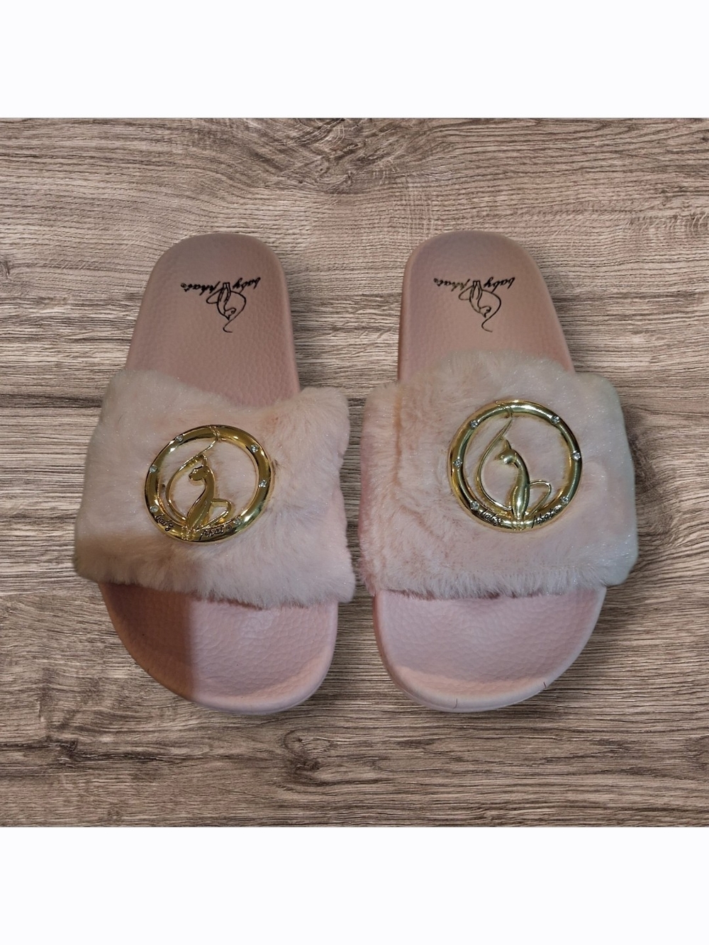 Baby Phat Faux Fur Slide Sandals with Gold Emblem - Light Pink